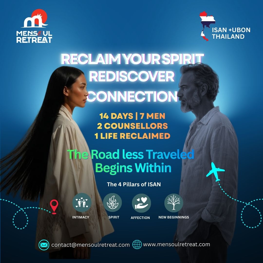 MenSoul Retreat promotional banner: two people facing each other in profile beside the headline “Reclaim Your Spirit, Rediscover Connection”