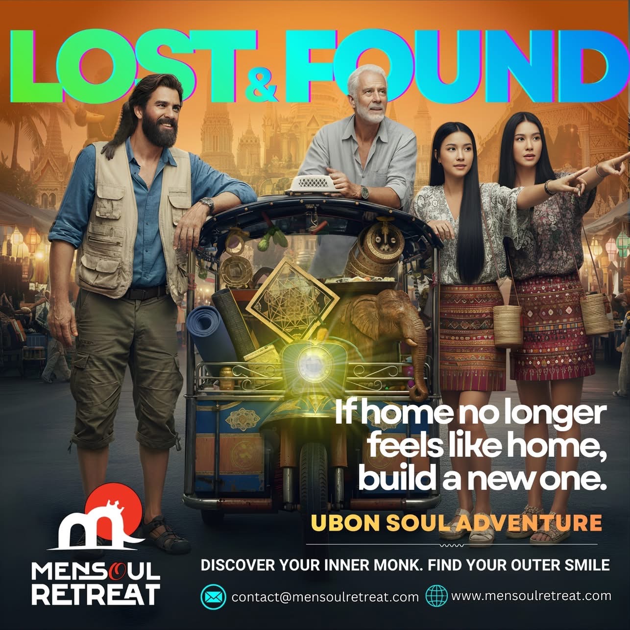 MenSoul Retreat poster with group on a tuk-tuk in Thailand